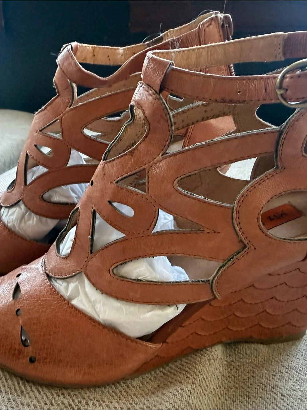 Miz Mooz Tan Cutout Leather Wedge Sandals